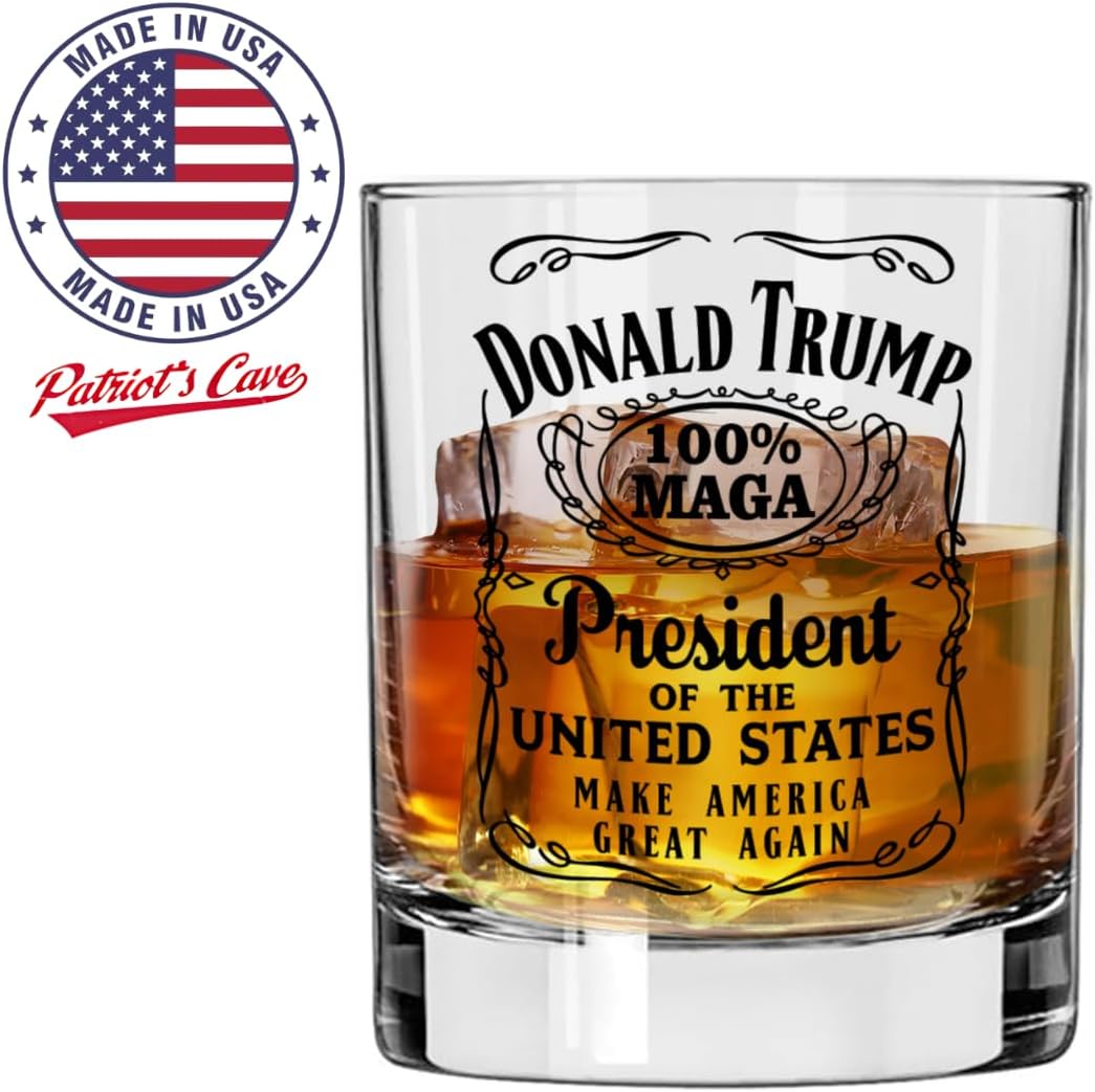 Donald Trump Whiskey Label 100% MAGA 10.5 oz Whiskey Glass for Dad, Gift for Husband, Stepfather Gift Idea, Unique Gifts for Men, Trump Stuff, Maga Merch