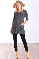 Popana Womens 3/4 Sleeve Tunic Top with Pockets - Made in USA Long Shirts to Wear with Leggings - Tunic Pullover for Women