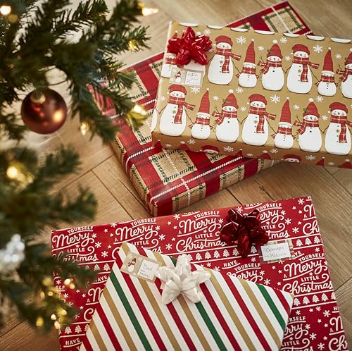 American Greetings 120 sq. ft. Christmas Wrapping Paper Set, Tan, Plaid, Snowman and Christmas Text (4 Rolls 30 in. x 12 ft., 7 Bows, 30 Gift Tags)