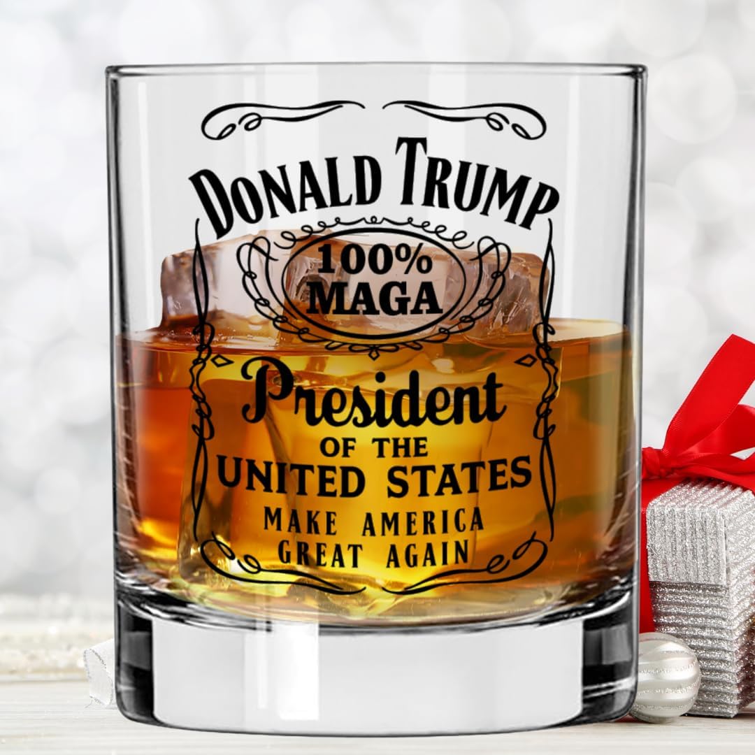 Donald Trump Whiskey Label 100% MAGA 10.5 oz Whiskey Glass for Dad, Gift for Husband, Stepfather Gift Idea, Unique Gifts for Men, Trump Stuff, Maga Merch