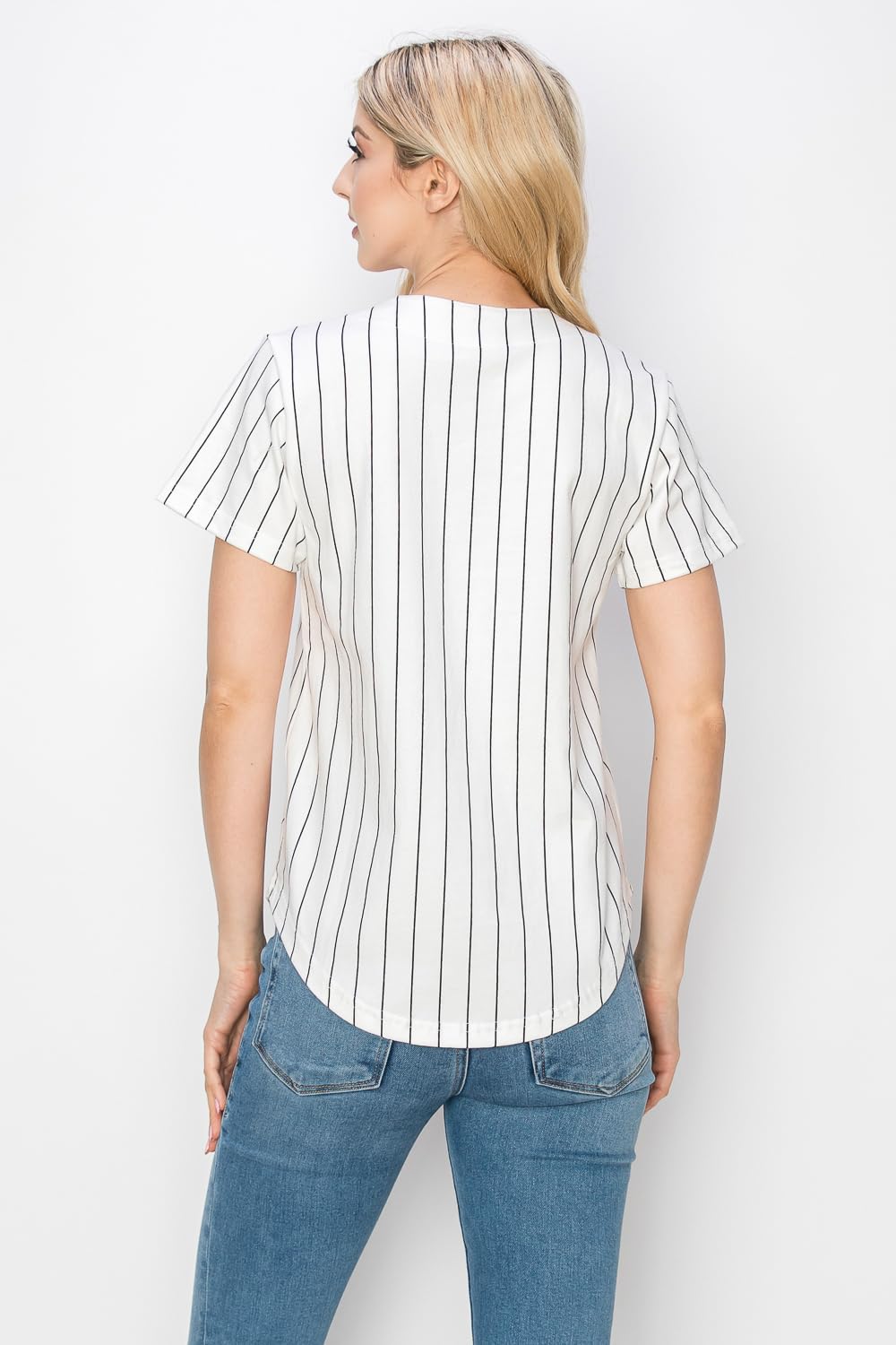 YURO-K Women's White Cotton Pinstripe Baseball Jersey/Made in Los Angeles