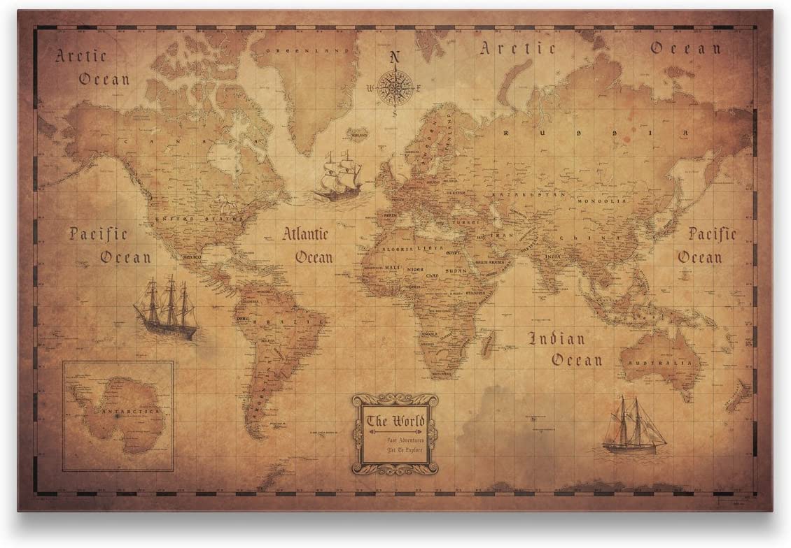 Push Pin World Map Board - With Push Pins to Mark World Travel - Handmade in Ohio, USA - Design: Golden Aged (48" x 32")