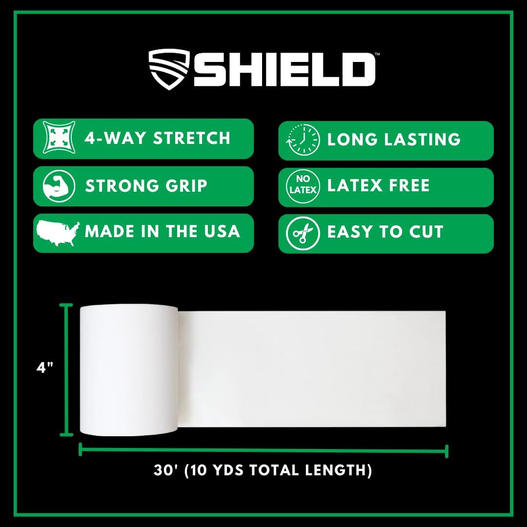 SHIELD Turf Tape Pro XL | Turf Tape for Arms Football - Made in USA - White, 4-Way Stretch, Waterproof, Long Lasting 4 in x 30 ft + SHIELD | 3 Pack Athletic Tape (White)