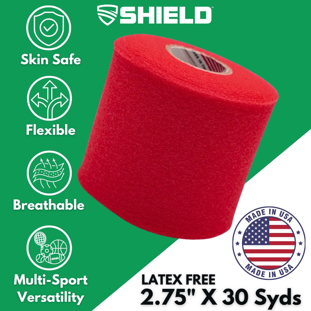 Shield Athletic Underwrap | Bulk Case 48 Rolls of PreWrap, Hair Tie, Headband, Patellar Support, Pre-Wrap Athletic Tape, 2.75" X 30 SYards, Foam Barrier Skin Protection, Flexible, Breathable Red