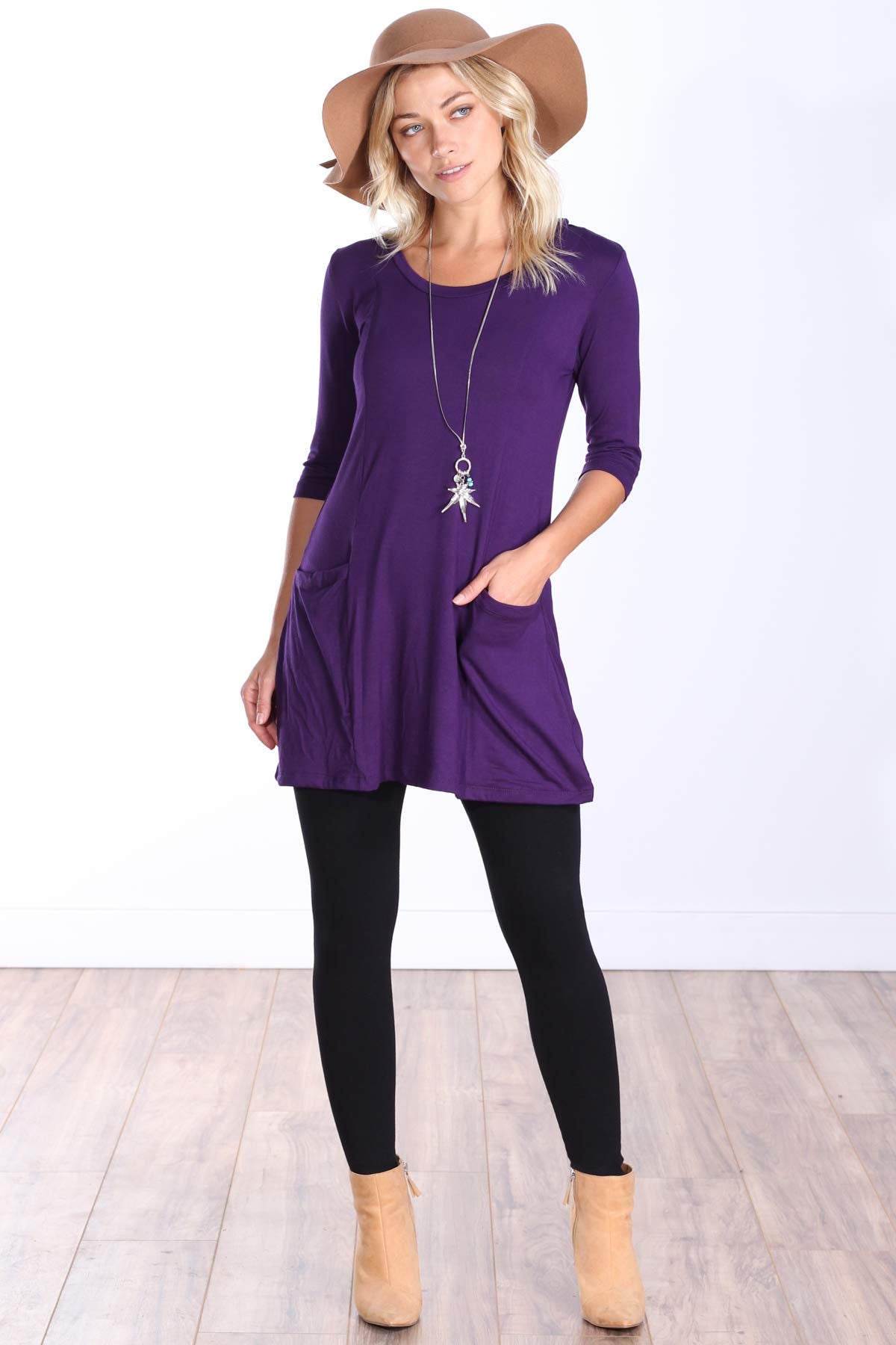 Popana Womens 3/4 Sleeve Tunic Top with Pockets - Made in USA Long Shirts to Wear with Leggings - Tunic Pullover for Women