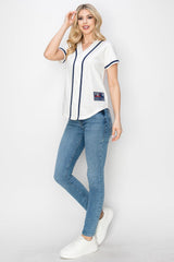 YURO-K Women's Cotton White Color Baseball Jersey with Piping/Made in Los Angeles