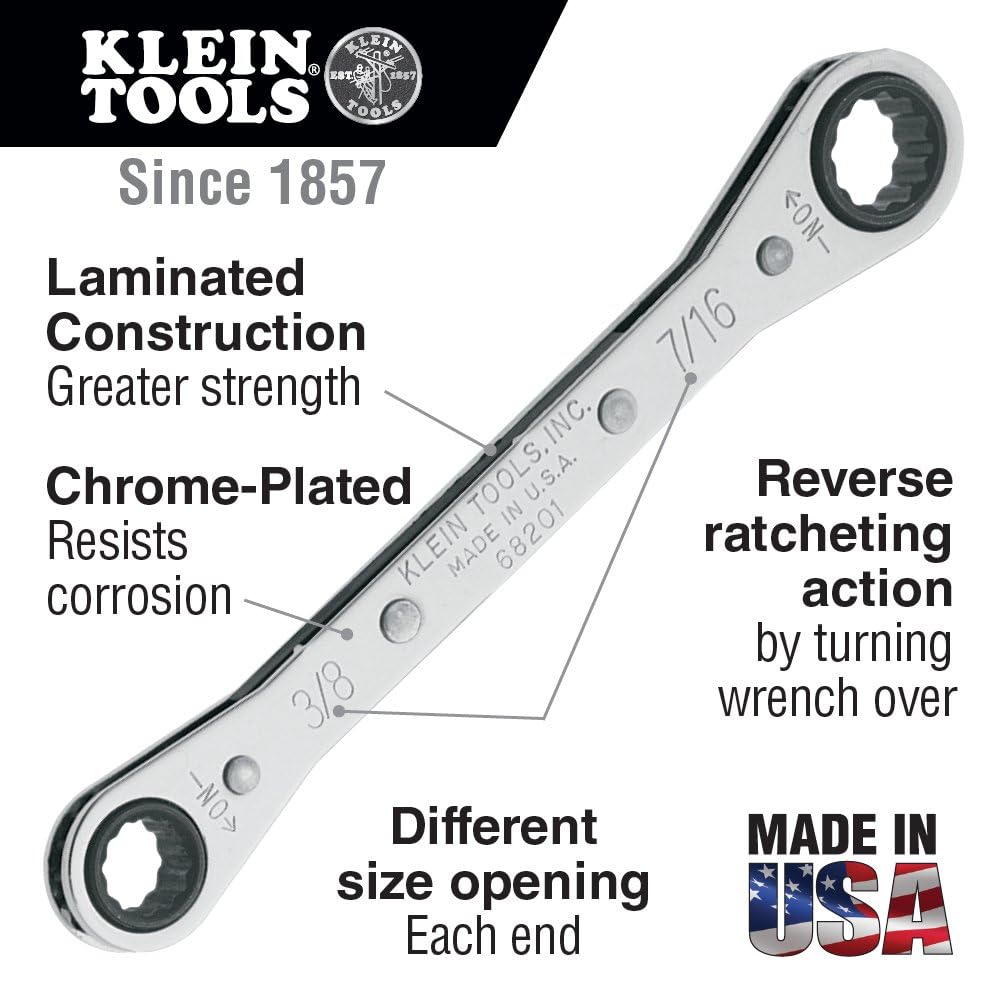 Klein Tools 68200 Ratcheting Box Wrench, Made in USA, 1/4-Inch x 5/16-Inch with Reverse Ratcheting and Chrome Plated Finish