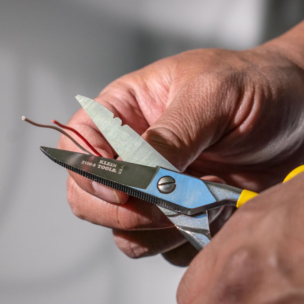 Klein Tools 2100-8 Scissors, Made in USA, Electrician Free Fall Snips, Stainless Steel Cut 19 and 23 AWG Electrical Communication Wire, Cable and Cordage