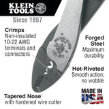 Klein Tools 1006 Cutting / Crimping Tool, Made in USA, Crimps 10 to 22 AWG Solderless Terminals and Connectors, with Wire Cutter in Tapered Nose