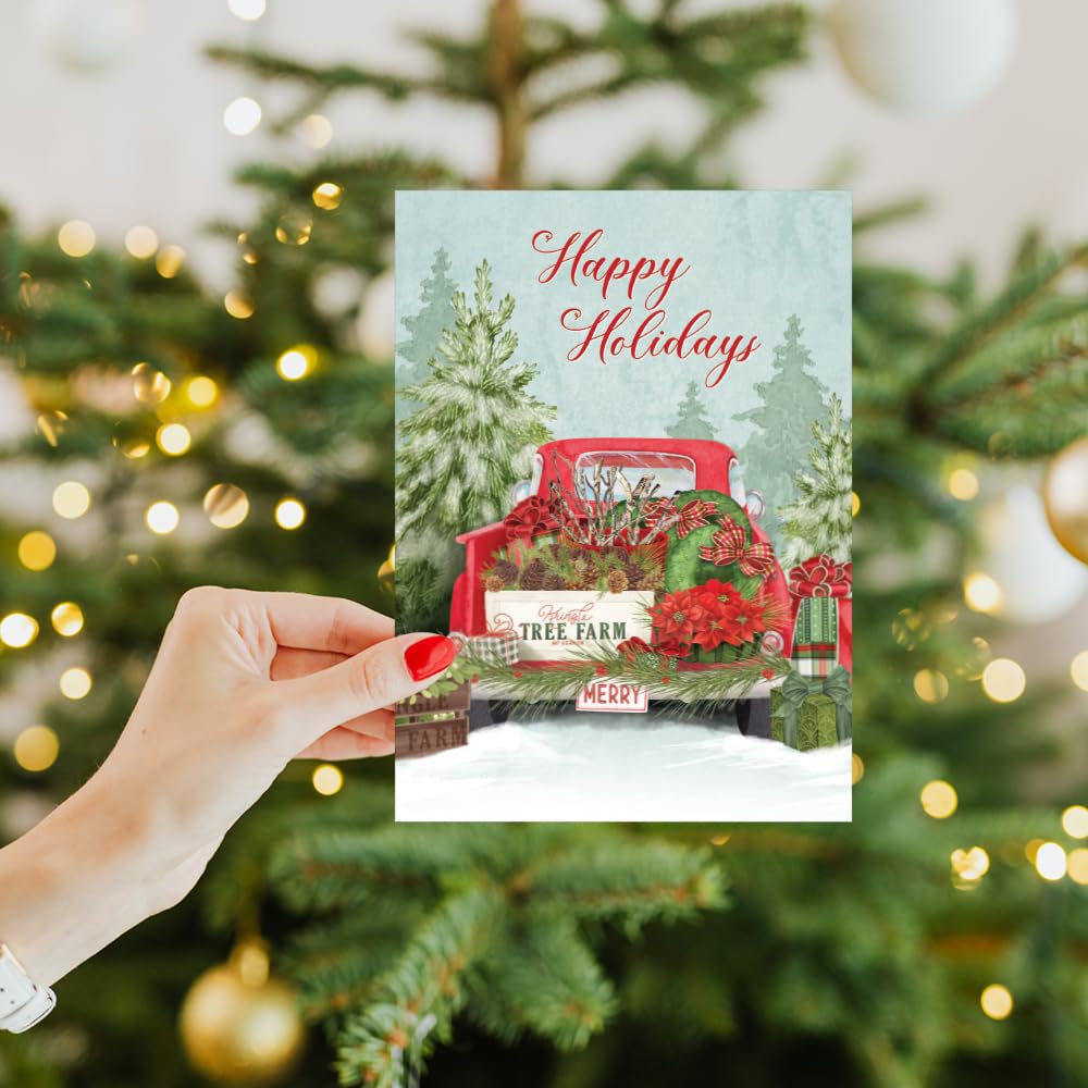 Tree-Free Greetings - Happy Holidays Greeting Cards - Artful Designs - 12 Cards + Matching Envelopes - Made in USA - 100% Recycled Paper - 5"x7" - Kringle Tree Farm (HP60629)