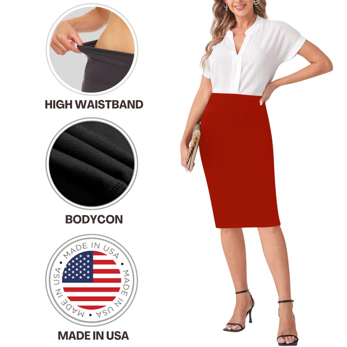 Sweet Hearts Pencil Skirt for Women- Regular & Plus Size- Below Knee Office Work Bodycon Midi Skirt Made in USA