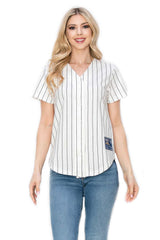 YURO-K Women's White Cotton Pinstripe Baseball Jersey/Made in Los Angeles