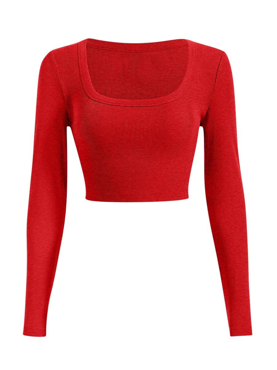 Sweet Hearts Long Sleeve Crop Tops for Women- Ribbed Cute Cropped Top Square Neck Casual Basic Shirt Made in USA