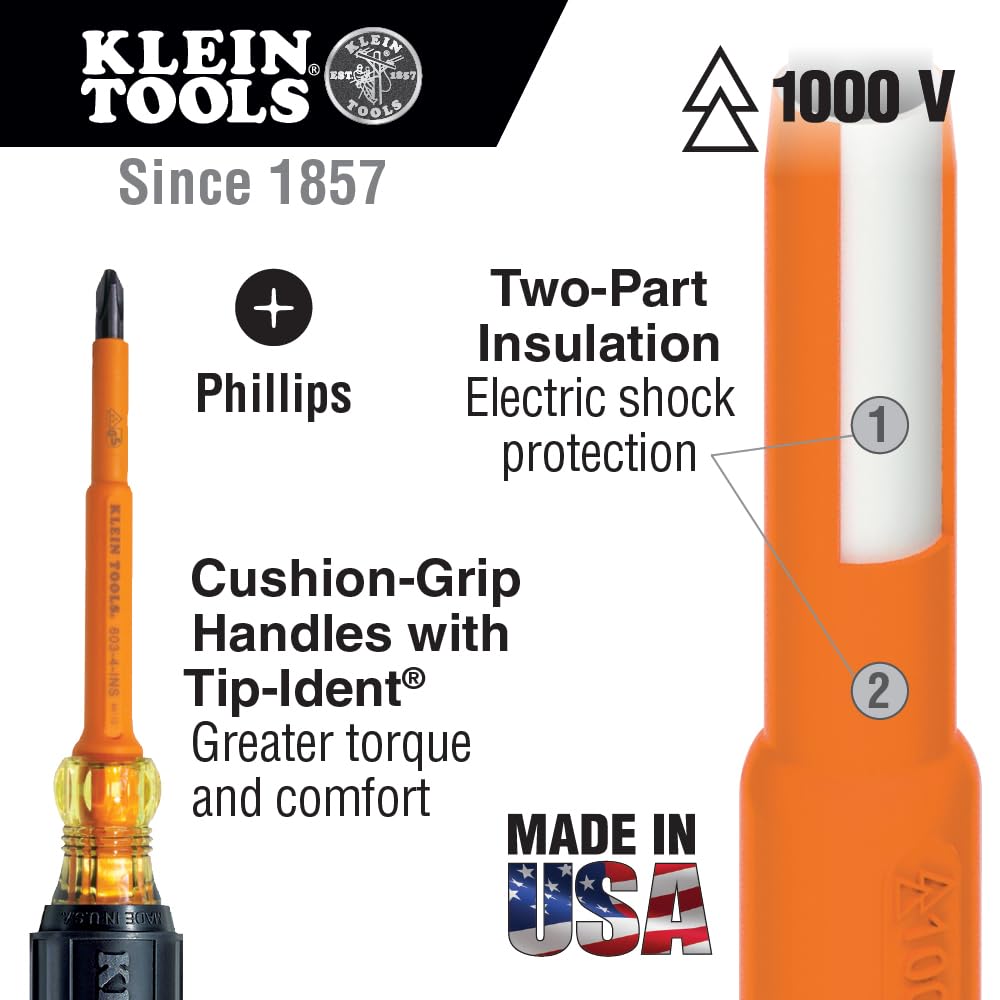 Klein Tools 602-4-INS 1/4-Inch Cabinet Tip Insulated Screwdriver, 4-Inch, Made in USA