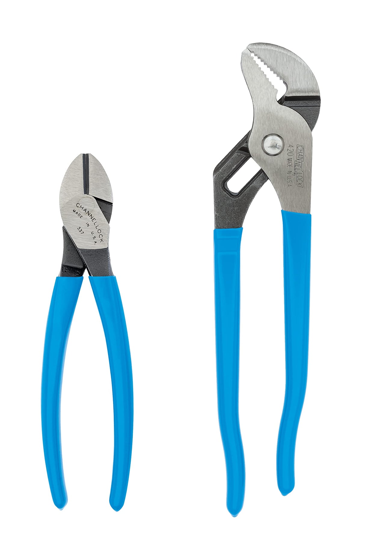 CHANNELLOCK GS-2 Plier Set, 2-Piece | 420 9.5-inch Tongue & Groove Plier with 1-1/2 Jaw Capacity | 337 7-inch XLT High Leverage Diagonal Cutting Pliers | Made in USA, Polished Steel