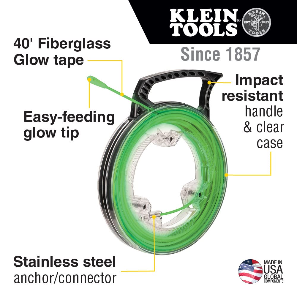 Klein Tools 50550 20-Foot Glow In The Dark Fish Tape, Made in USA, Fiberglass with Nylon Tip and Stainless-Steel Connector for Fish Rod Attachments
