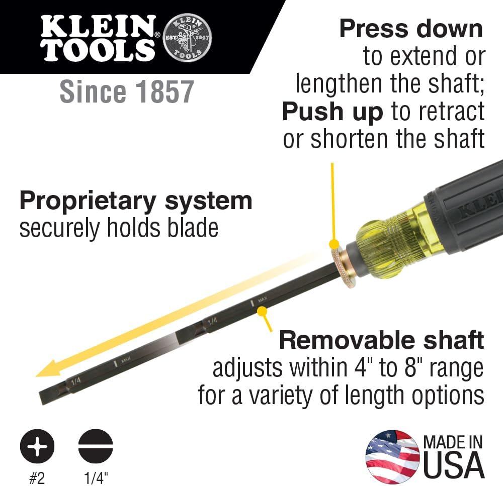 Klein Tools 32751 Screwdriver with Adjustable Length 4 to 8-Inch, Made in USA, #2 Phillips Tip and 1/4-Inch Slotted Tip