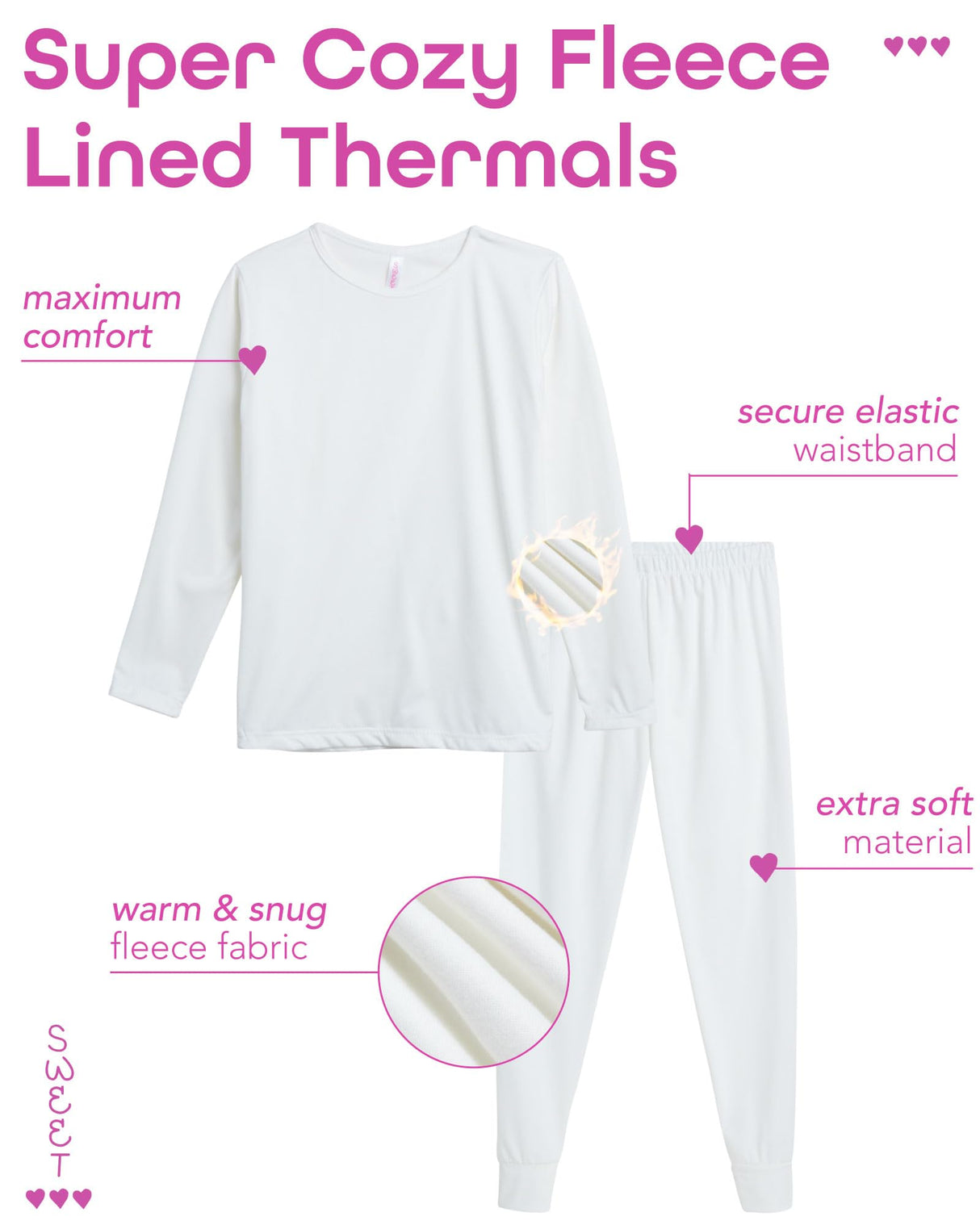 Sweet Hearts Thermal Underwear Set – 2 Piece Fleece Lined Top and Long Johns - Performance Base Layer Set: Made in USA