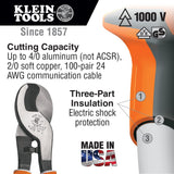 Klein Tools 63050 Cable Cutter, Made in USA, Heavy Duty Cutter for Aluminum, Copper, and Communications Cable