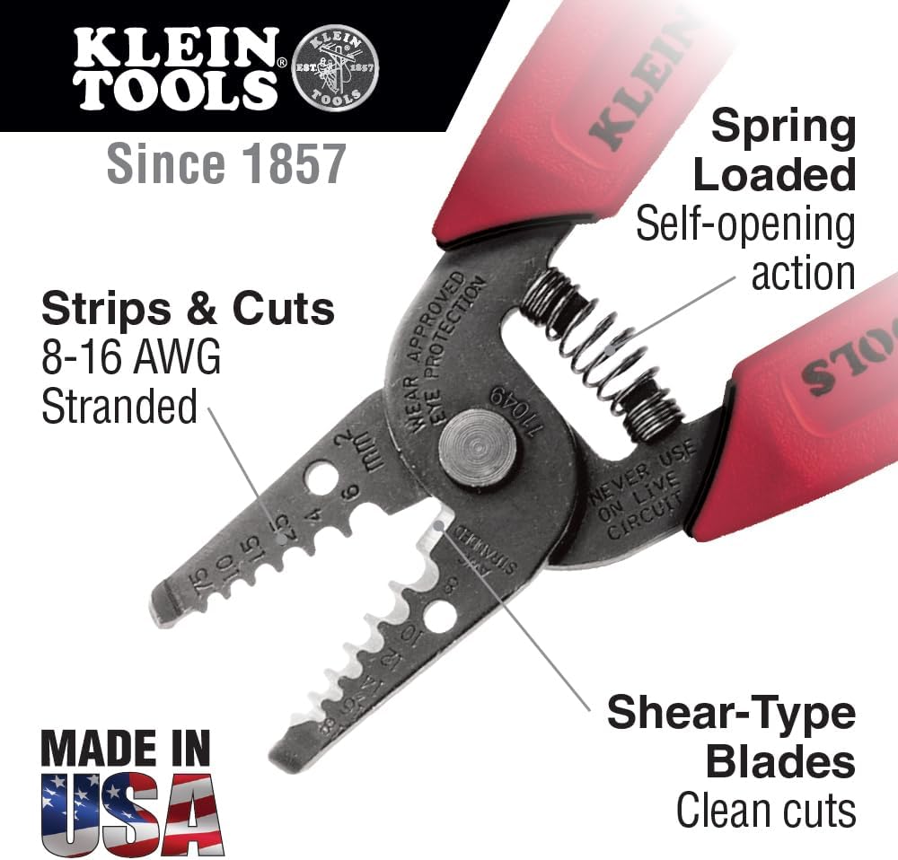 Klein Tools 11049 Wire Stripper / Cutter, Made in USA, Compact, Lightweight, Hardened Steel, Precision Ground, for Stranded Wires