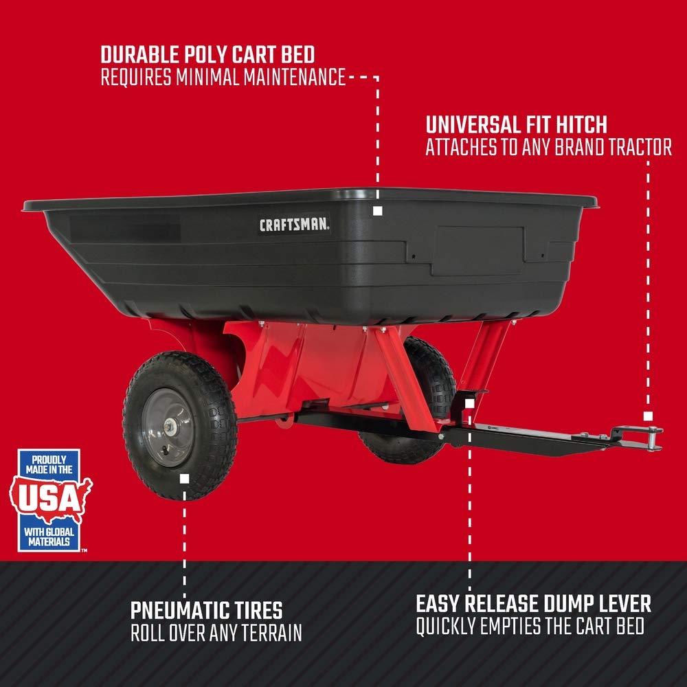 Craftsman CMXGZBF7124489 350 lb Load Capacity, Tow Behind Poly Dump/Swivel Cart, 10 CU FT Capacity; Lawn & Garden Cart/Trailer for Lawn Mowers, Easy to Use Hand Dumping Mechanism