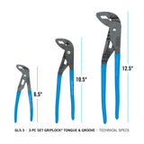 CHANNELLOCK GLS-3 3-Piece GRIPLOCK Tongue & Groove Pliers Set, 6.5", 9.5", 12.5" Water Pump Pliers, Patented PERMALOCK Fastener, Forged High Carbon Steel, Made In the USA