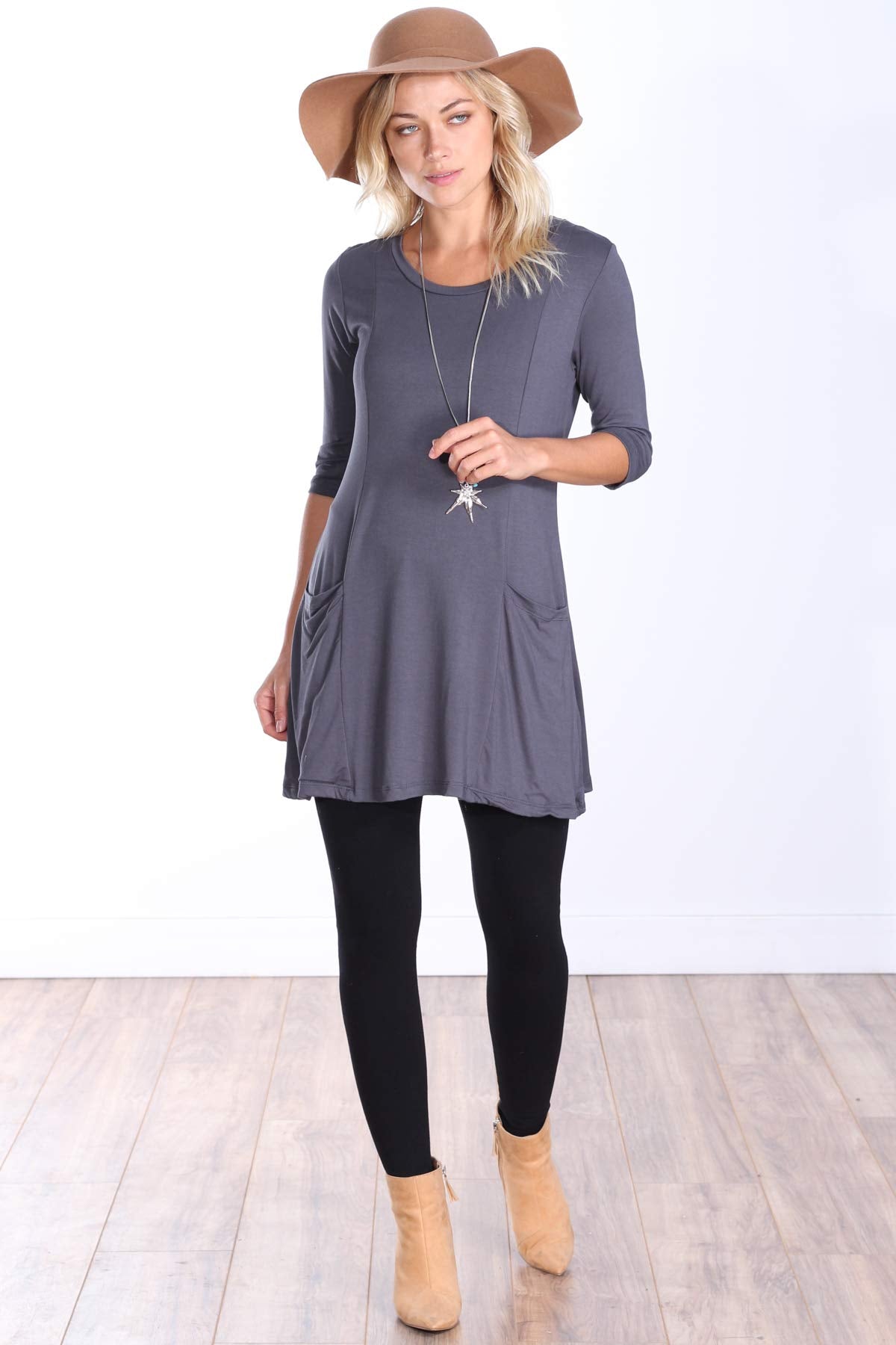 Popana Womens 3/4 Sleeve Tunic Top with Pockets - Made in USA Long Shirts to Wear with Leggings - Tunic Pullover for Women