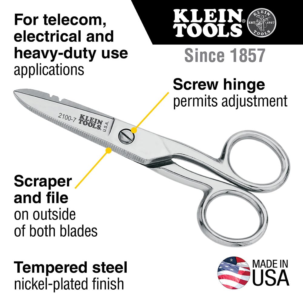 Klein Tools 2100-8 Scissors, Made in USA, Electrician Free Fall Snips, Stainless Steel Cut 19 and 23 AWG Electrical Communication Wire, Cable and Cordage