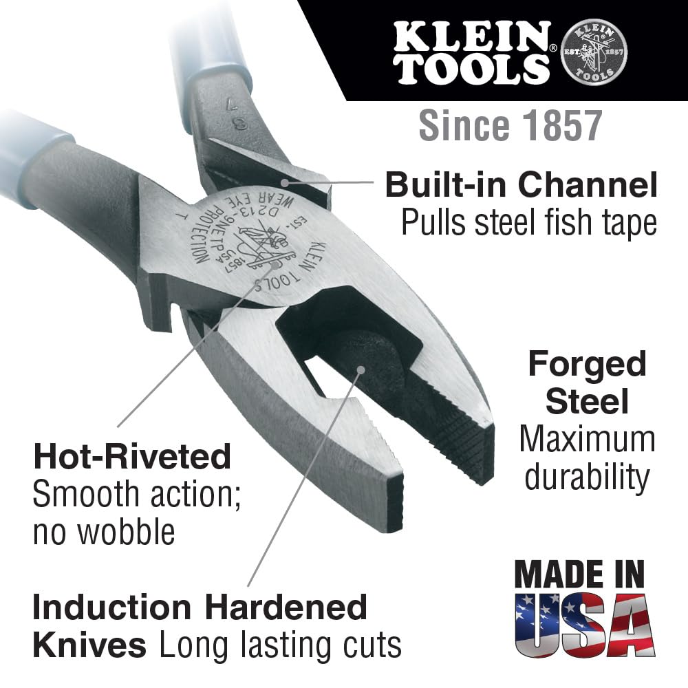 Klein Tools D213-9NE Pliers, Made in USA, 9-Inch Side Cutters, High Leverage Linesman Pliers Cut Copper, Aluminum and other Soft Metals