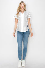 YURO-K Women's White Cotton Pinstripe Baseball Jersey/Made in Los Angeles