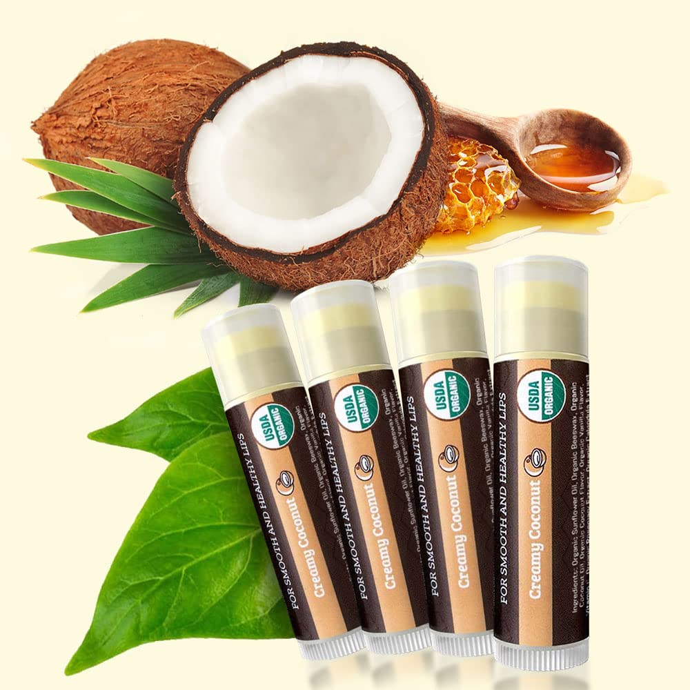 USDA Organic Lip Balm 6-Pack by Earth's Daughter Stocking Stuffers - Fruit Flavors, Beeswax, Coconut Oil, Vitamin E - Best Lip Repair Chapstick for Dry Cracked Lips - Moisturizing Lip Care