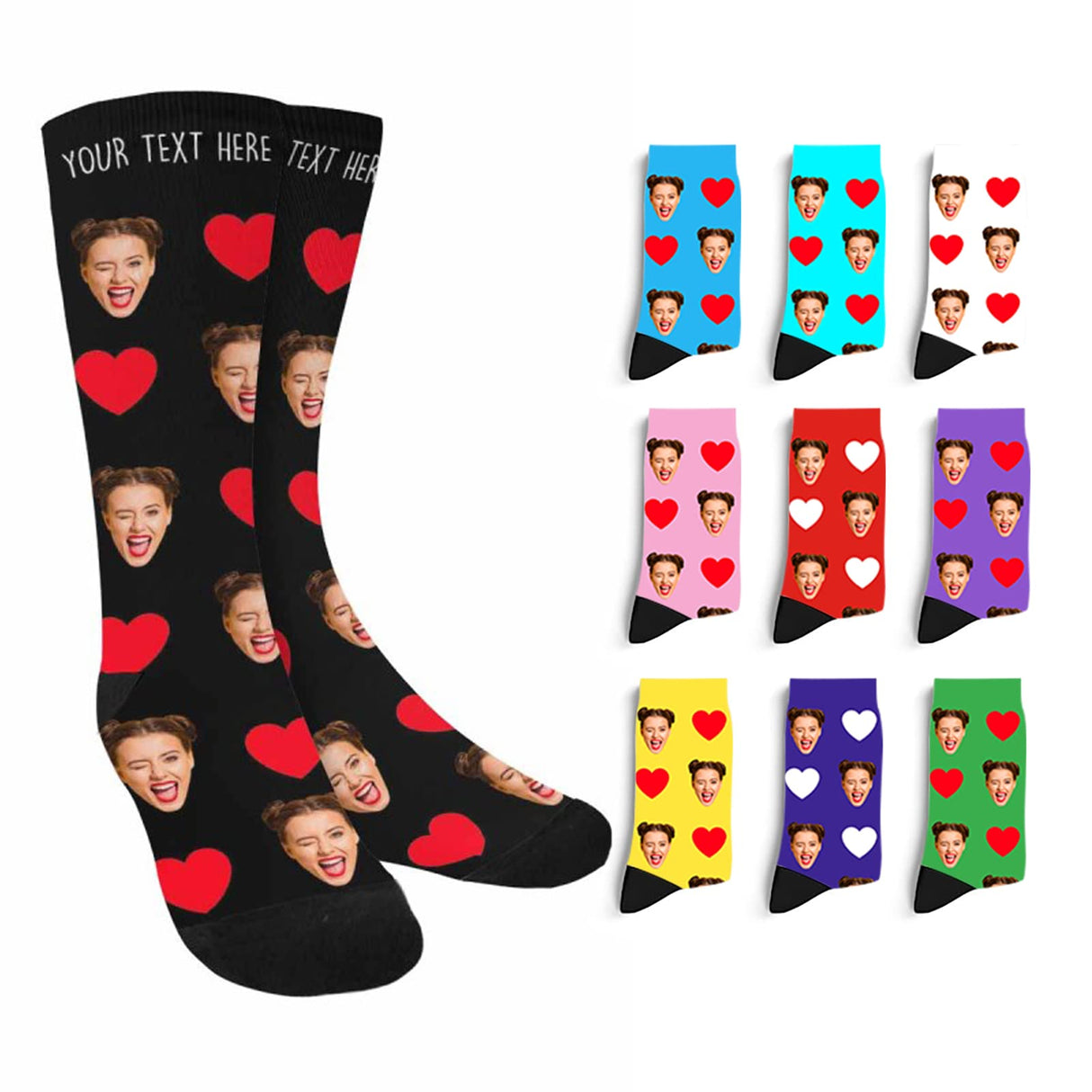 Custom Face Socks with Photo Novelty Crew Socks, Personalized Red Hearts Unisex Crew Sock Gifts for Men Women Made in USA