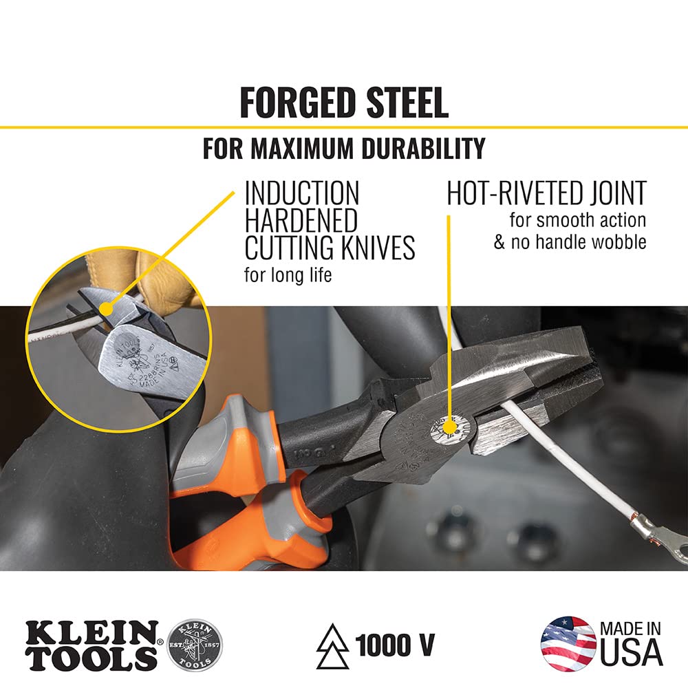 Klein Tools 2139NERINS 1000V Insulated Side Cutter Pliers, Made in USA, High Leverage Design, Induction Hardened Knives, 9-Inch
