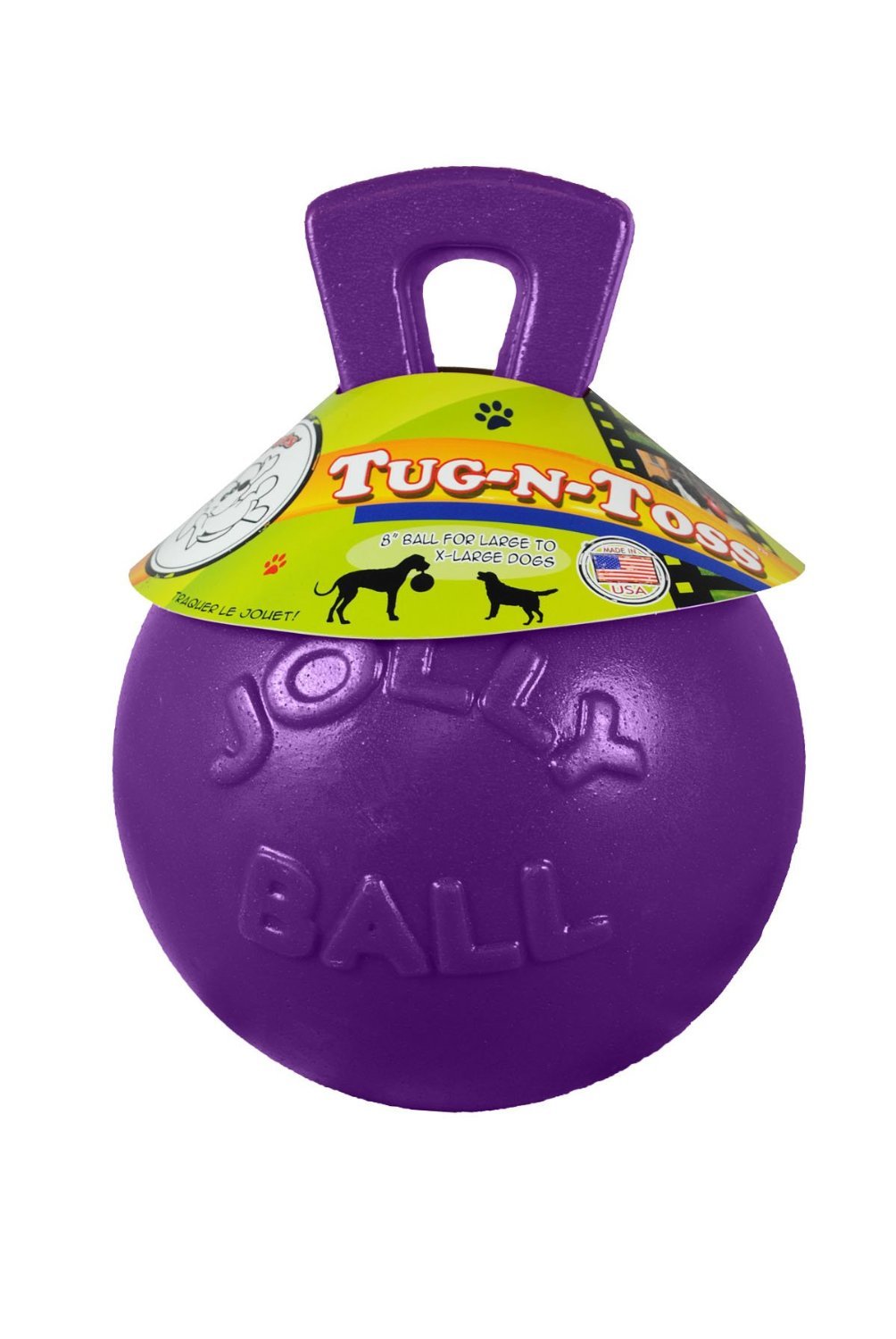 Jolly Pets Tug-n-Toss Heavy Duty Dog Toy Ball with Handle, 8 Inches/Large, Blueberry