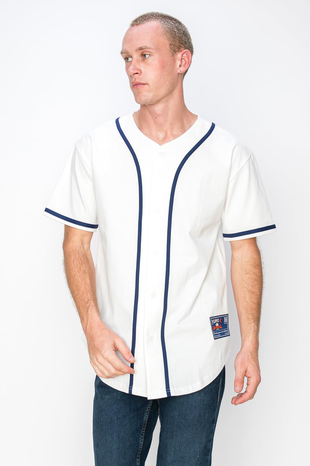 YURO-K Men's Cotton White Color Baseball Jersey with Piping/Made in Los Angeles