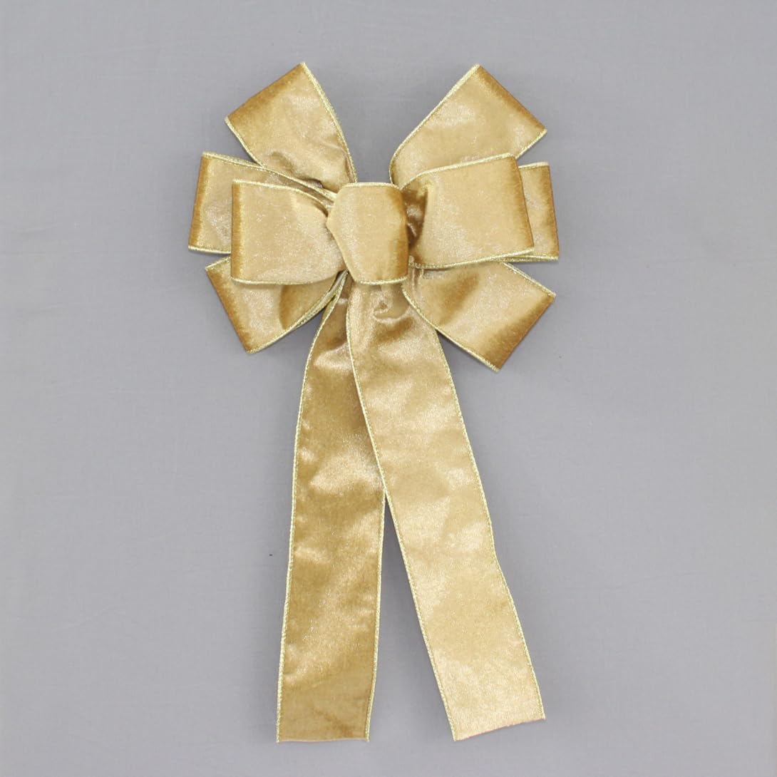 Ivory Brushed Velvet Gold Lame Backed Wire Edge Christmas Bow - Handcrafted in USA (8 inch bow)