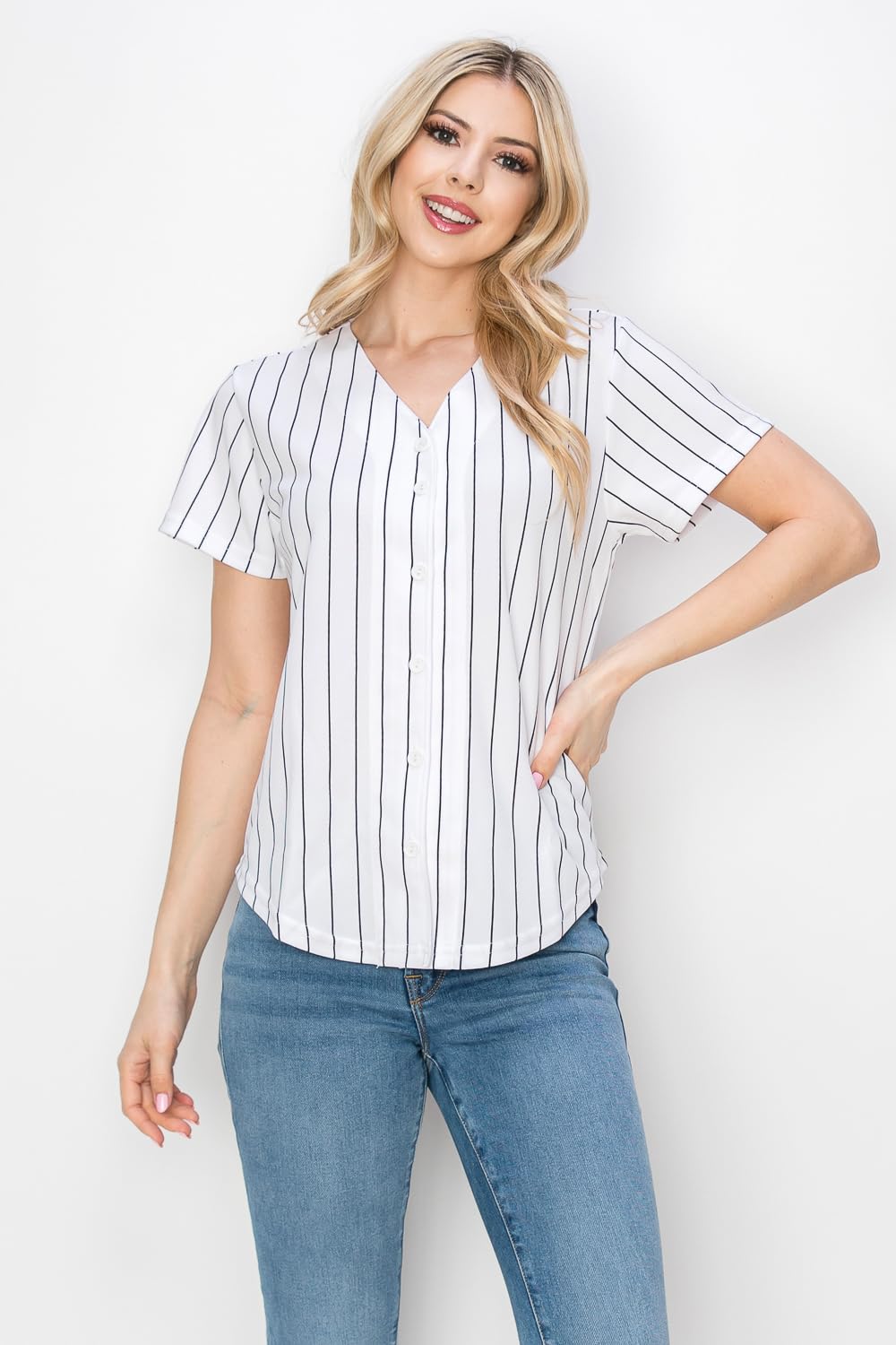 YURO-K Women's White Pinstripe Baseball Jersey/Made in Los Angeles