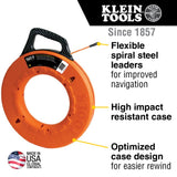 Klein Tools 56059 Non-Conductive Fiberglass Fish Tape, Made in USA, 200-Foot Wall Snake is 3/16-Inch Wide Multi-Groove Fish Tape and Pulls to 500-Pound
