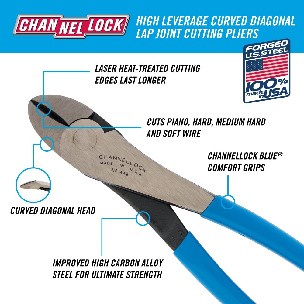 Channellock 447 GIDDS2-821226 Curved Jaw Diagonal Cutting Plier Grey/Blue, 7.5-Inch Curved Diagonal