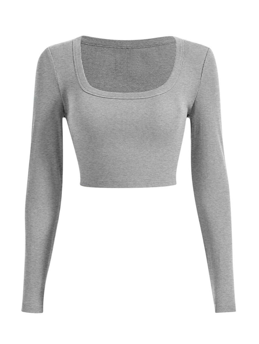 Sweet Hearts Long Sleeve Crop Tops for Women- Ribbed Cute Cropped Top Square Neck Casual Basic Shirt Made in USA