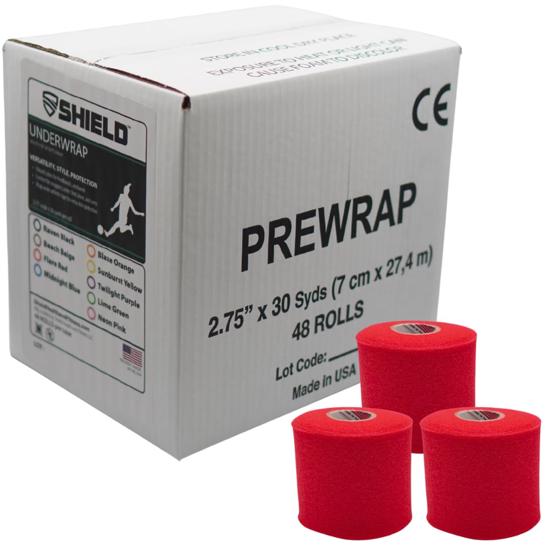 Shield Athletic Underwrap | Bulk Case 48 Rolls of PreWrap, Hair Tie, Headband, Patellar Support, Pre-Wrap Athletic Tape, 2.75" X 30 SYards, Foam Barrier Skin Protection, Flexible, Breathable Red