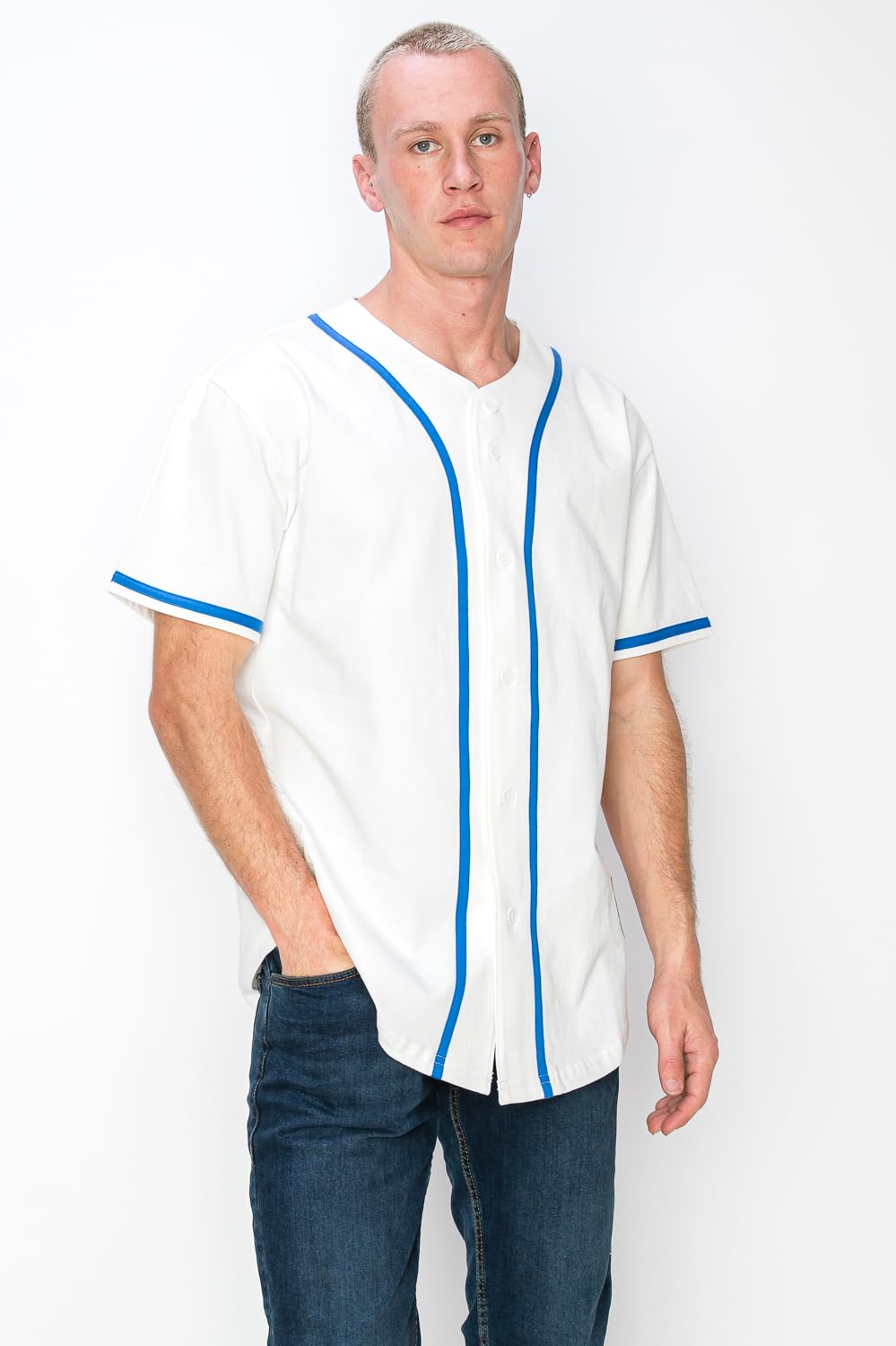 YURO-K Men's Cotton White Color Baseball Jersey with Piping/Made in Los Angeles