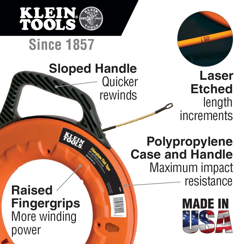 Klein Tools 56059 Non-Conductive Fiberglass Fish Tape, Made in USA, 200-Foot Wall Snake is 3/16-Inch Wide Multi-Groove Fish Tape and Pulls to 500-Pound