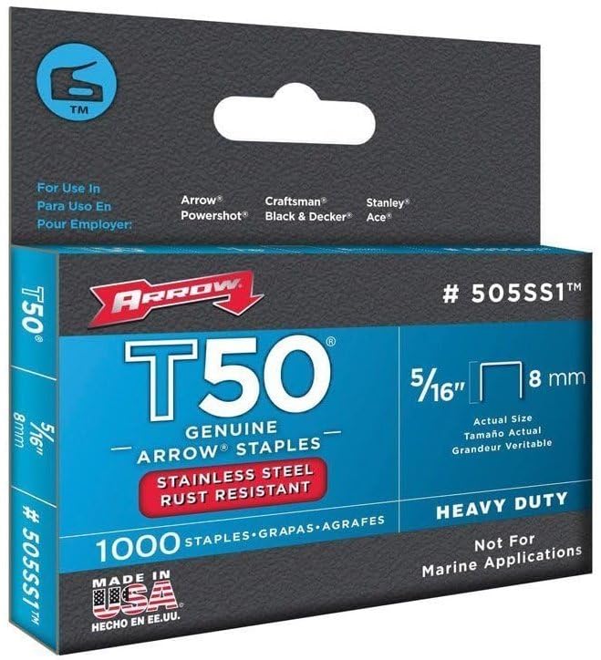 Arrow Fastener 505SS1 Heavy Duty T50 Stainless Steel Staples for Upholstery, Construction, Furniture, Crafts, 5/16-Inch Leg Length, 3/8-Inch Crown Size, 1000-Pack, Made in the USA