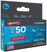 Arrow Fastener 505SS1 Heavy Duty T50 Stainless Steel Staples for Upholstery, Construction, Furniture, Crafts, 5/16-Inch Leg Length, 3/8-Inch Crown Size, 1000-Pack, Made in the USA