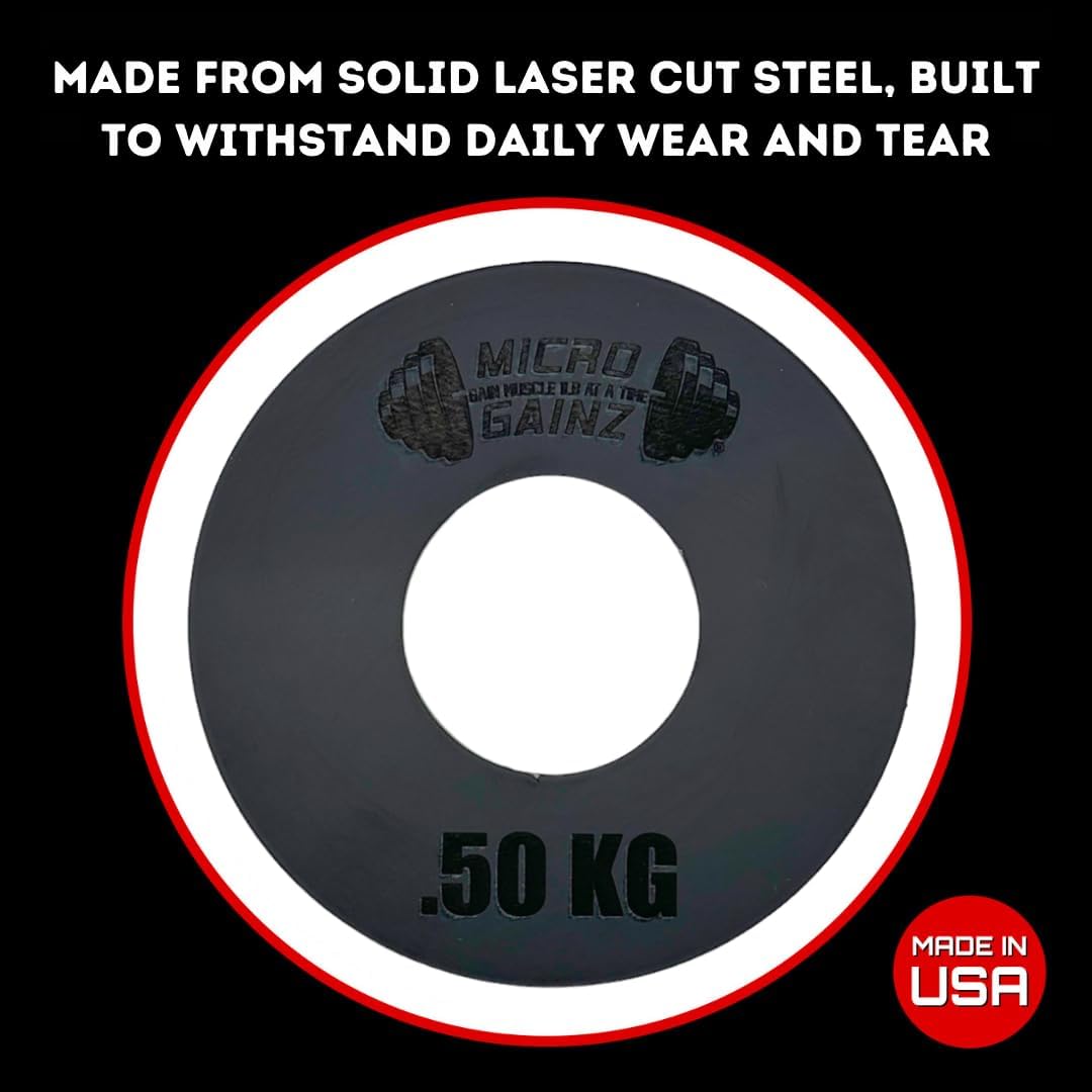 Micro Gainz Olympic Kilogram Fractional Weight Plate Set of 4 Steel Plates- (2-.25KG, 2-.50KG) Plates -Designed for Olympic Barbells, Used for Strength Training and Micro Loading, Made in USA