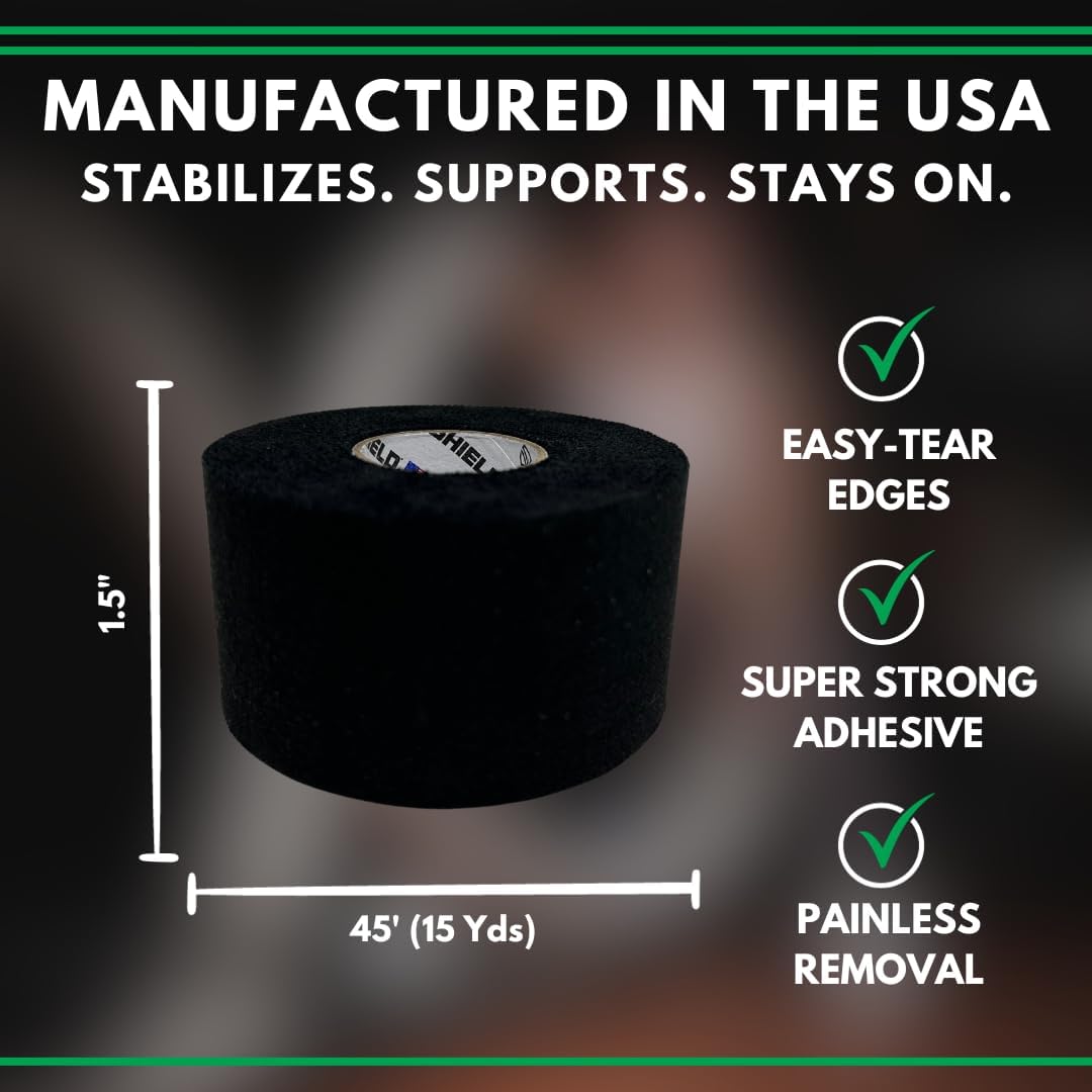 SHIELD | 3-Pack Black Athletic Tape – 1.5 Inches x 15 Yards - Made in USA, Easy Tear, Rigid, Very Strong. First aid, Injury- Athletic, Medical,Therapy Trainers