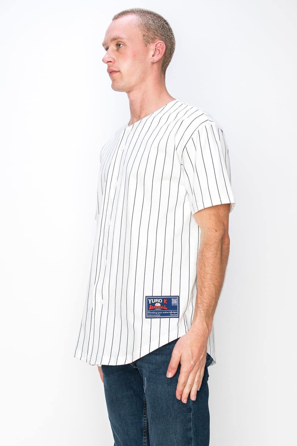 YURO-K Men's White Cotton Pinstripe Baseball Jersey/Made in Los Angeles