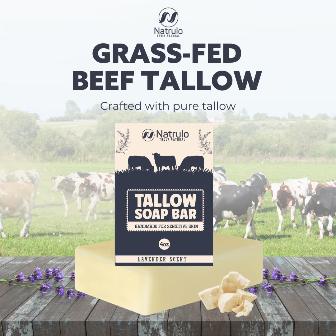 Beef Tallow Soap Bar – All Natural Grass Fed Tallow Soap Lavender – Moisturizing Face & Body Wash Great for Eczema, Dry, Itchy, Sensitive Skin – Handcrafted Bath Soap for Adults, Kids, Made in USA