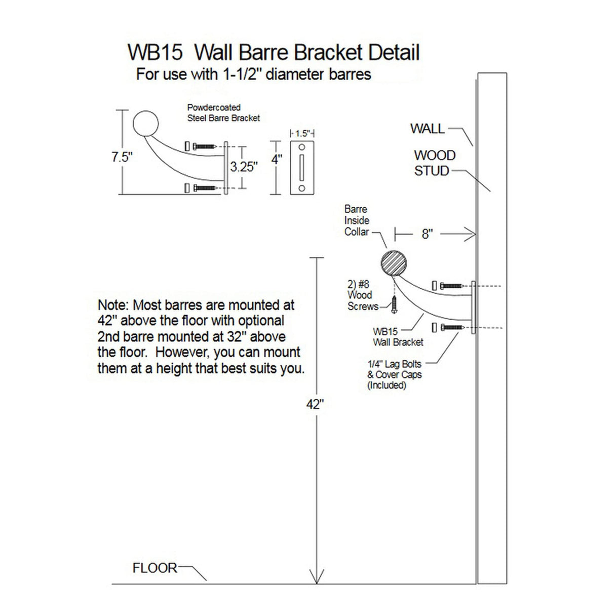 VITA Barre Wall-Mounted Single Ballet Barre, Classic WB15, Wood | Fixed Height, Made in USA, Home, Studio or Gym Exercise Equipment for Kids & Adults | Dance, Fitness, Pilates